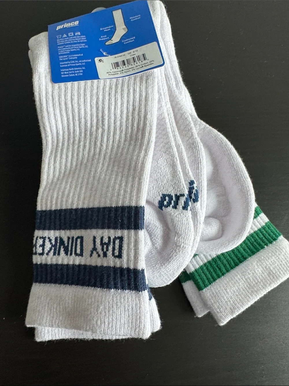 Prince Men’s Crew Athletic Socks in White with Green & Navy Accents Pickleball